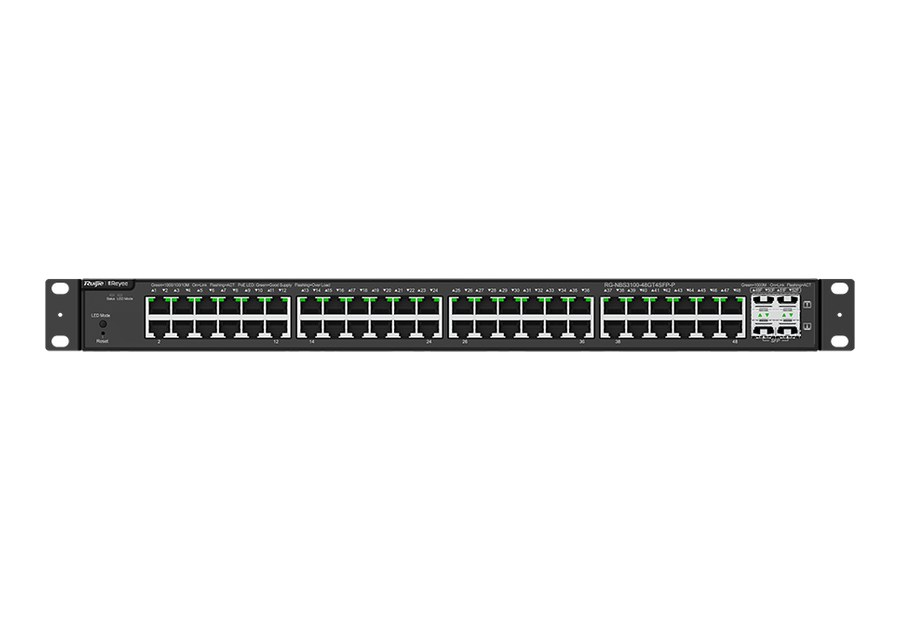 Mặt trước RG-NBS3100-48GT4SFP-P nhìn thẳng: 48 cổng gigabit PoE/PoE+ và 4 cổng SFP 1GE