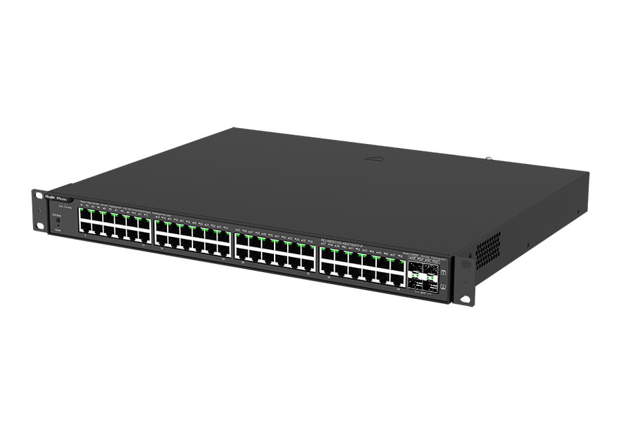 RG-NBS3100-48GT4SFP-P nhìn nghiêng, switch lắp rack sâu 357,6 mm, nặng 5,4 kg