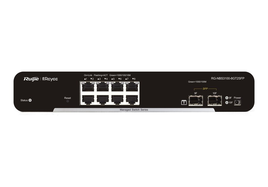 RG-NBS3100-8GT2SFP nhìn thẳng mặt trước, 8 cổng 10/100/1000BASE-T và 2 cổng SFP 1GE
