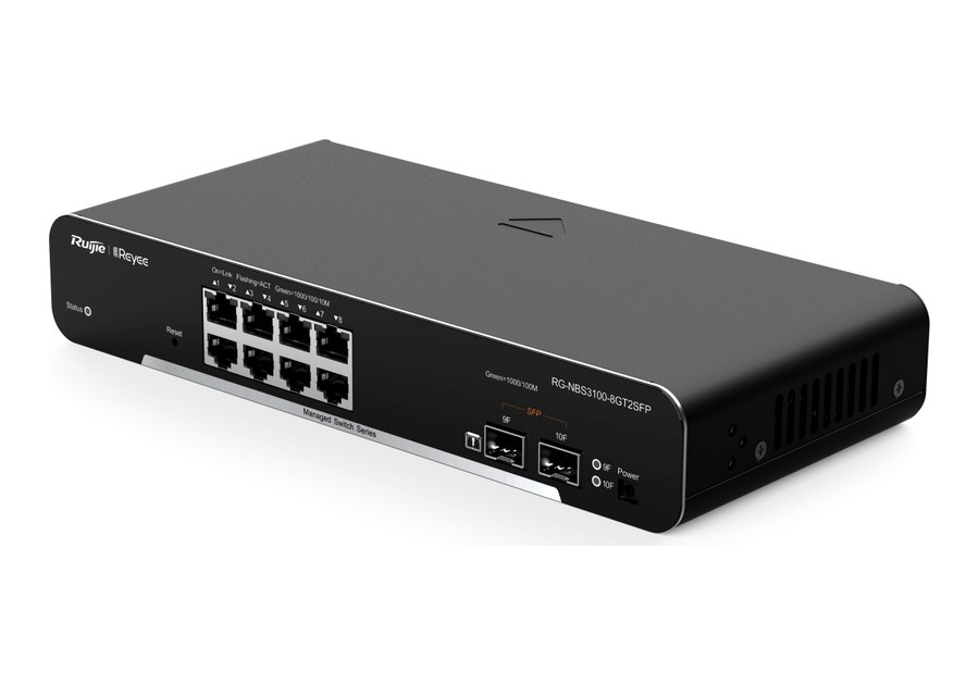 RG-NBS3100-8GT2SFP nhìn nghiêng, vỏ kim loại 260 × 120 × 43,6 mm, không quạt