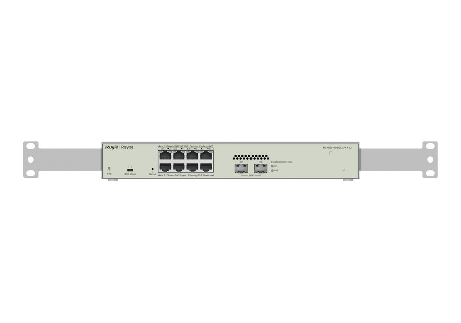 Mặt trước RG-NBS3100-8GT2SFP-P-V2 lắp tai rack: 8 cổng PoE/PoE+ và 2 cổng SFP 1GE