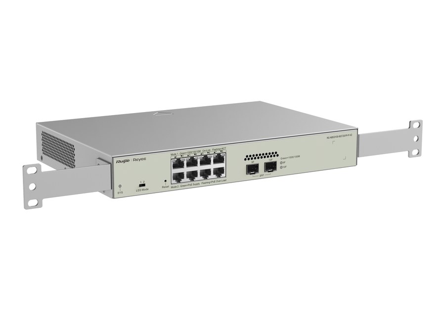 RG-NBS3100-8GT2SFP-P-V2 nhìn nghiêng với tai rack, thân 300 × 205 × 44 mm