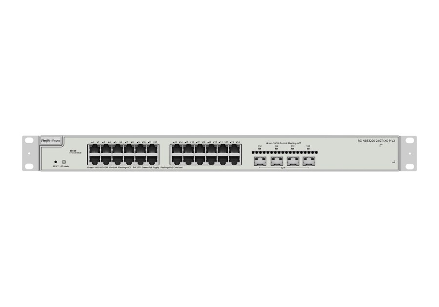 RG-NBS3200-24GT4XS-P-V2 nhìn thẳng mặt trước, 24 cổng PoE+ và 4 cổng SFP+