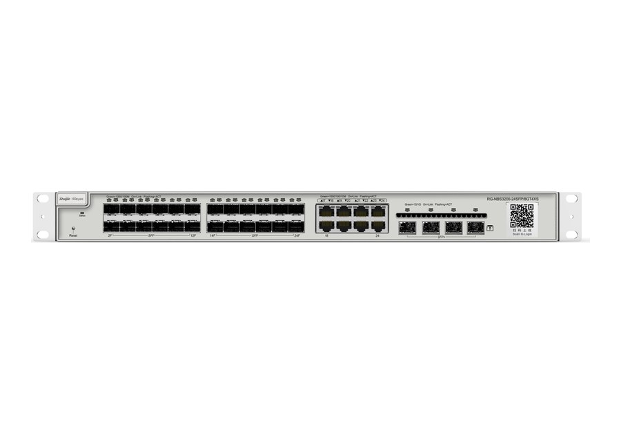 Mặt trước RG-NBS3200-24SFP/8GT4XS: 24 cổng SFP, 8 cổng RJ45 combo, 4 cổng SFP+