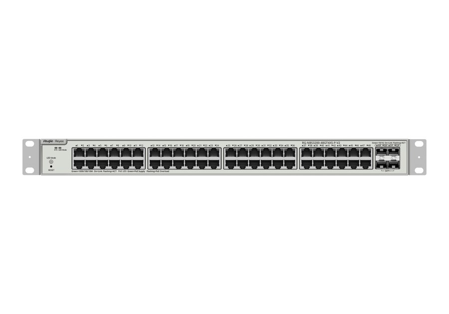 RG-NBS3200-48GT4XS-P-V2 nhìn thẳng mặt trước, 48 cổng PoE+ và 4 cổng SFP+