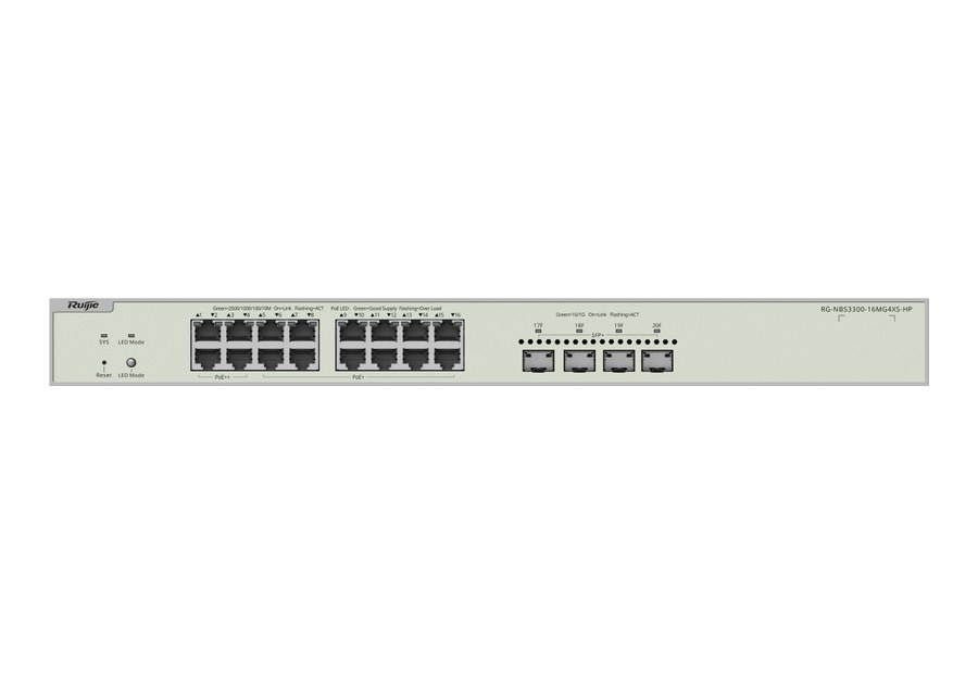 RG-NBS3300-16MG4XS-HP nhìn thẳng mặt trước, 16 cổng 2,5 Gbps và 4 khe SFP+