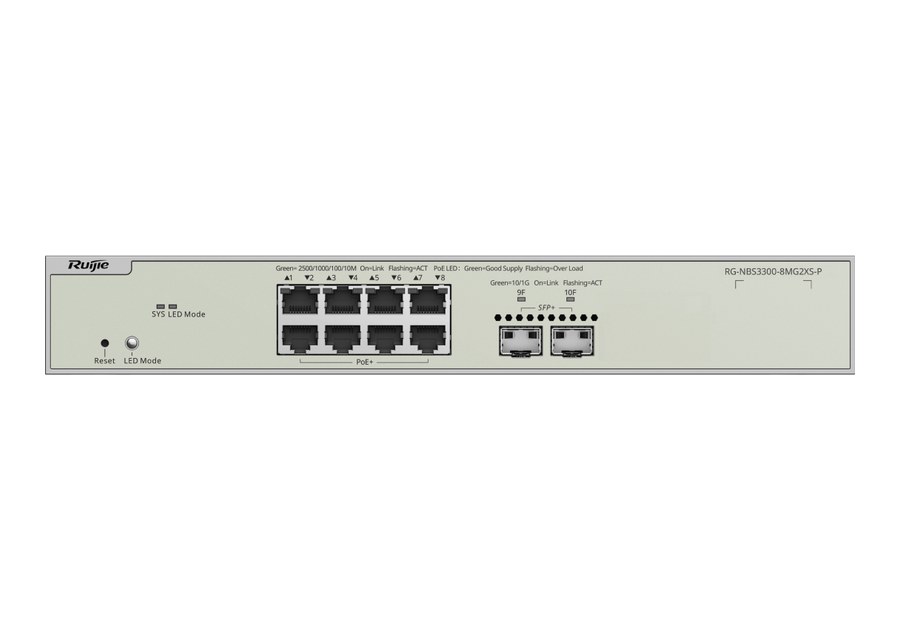 RG-NBS3300-8MG2XS-P nhìn thẳng mặt trước, 8 cổng 2,5 Gbps và 2 cổng SFP+