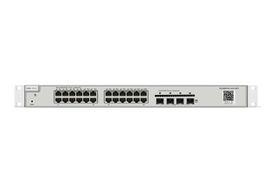 RG-NBS5100-24GT4SFP nhìn thẳng mặt trước, 24 cổng RJ45 và 4 khe SFP