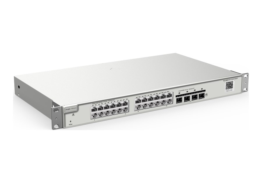 RG-NBS5200-24GT4XS nhìn nghiêng phía trước, 24 cổng RJ45 và 4 khe SFP+