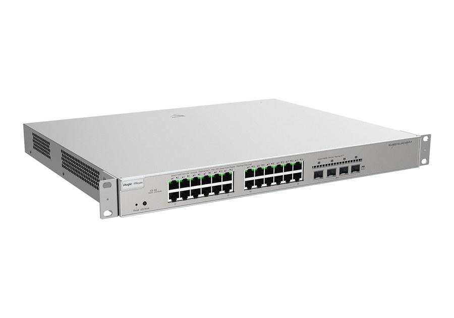 RG-NBS5200-24GT4XS-P nhìn nghiêng mặt trước, 24 cổng PoE và 4 khe SFP+