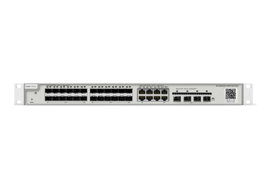 RG-NBS5200-24SFP/8GT4XS nhìn thẳng mặt trước, 24 khe SFP, 8 cổng RJ45 và 4 khe SFP+