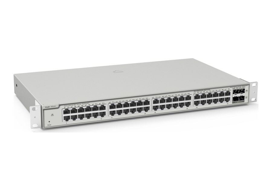 Switch Layer 3 Ruijie RG-NBS5200-48GT4XS nhìn nghiêng phía trước, 48 cổng RJ45 và 4 khe SFP+