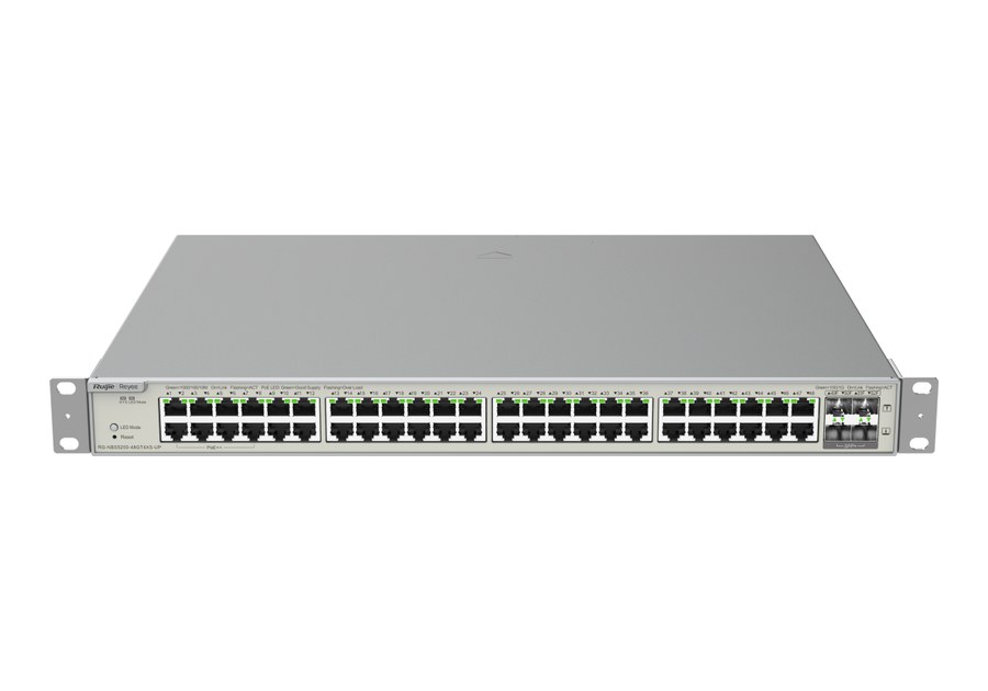 RG-NBS5200-48GT4XS-UP nhìn thẳng phía trước, 48 cổng RJ45 PoE và 4 khe SFP+