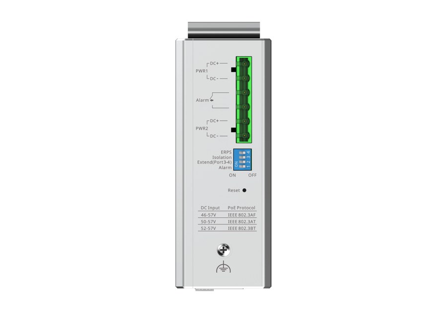 Mặt trên RG-NIS2100-4GT2SFP-HP: khối đấu dây nguồn DC, công tắc DIP và nút reset