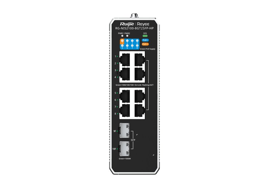 RG-NIS2100-8GT2SFP-HP nhìn thẳng mặt trước, 8 cổng RJ45 và 2 cổng SFP