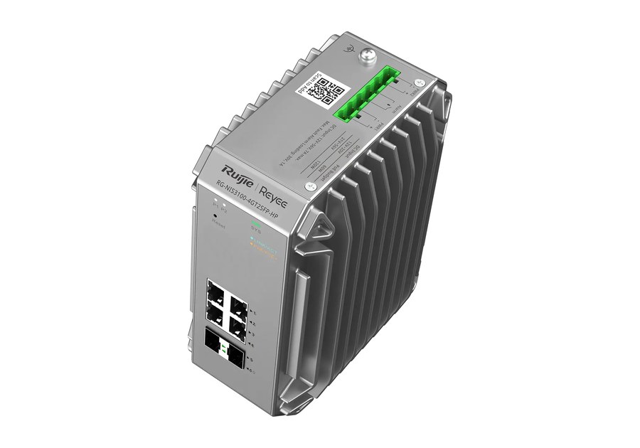 RG-NIS3100-4GT2SFP-HP nhìn nghiêng từ phía trên, khối đấu dây nguồn DC