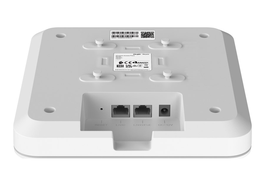 Mặt lưng RG-RAP2200(F) nhìn chéo, máy nhận nguồn DC 12 V hoặc PoE/PoE+