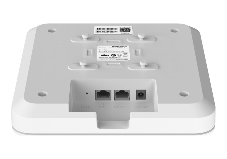 RG-RAP2260(G) nhận nguồn PoE 802.3af/at hoặc DC 12 V, mặt lưng nhìn nghiêng