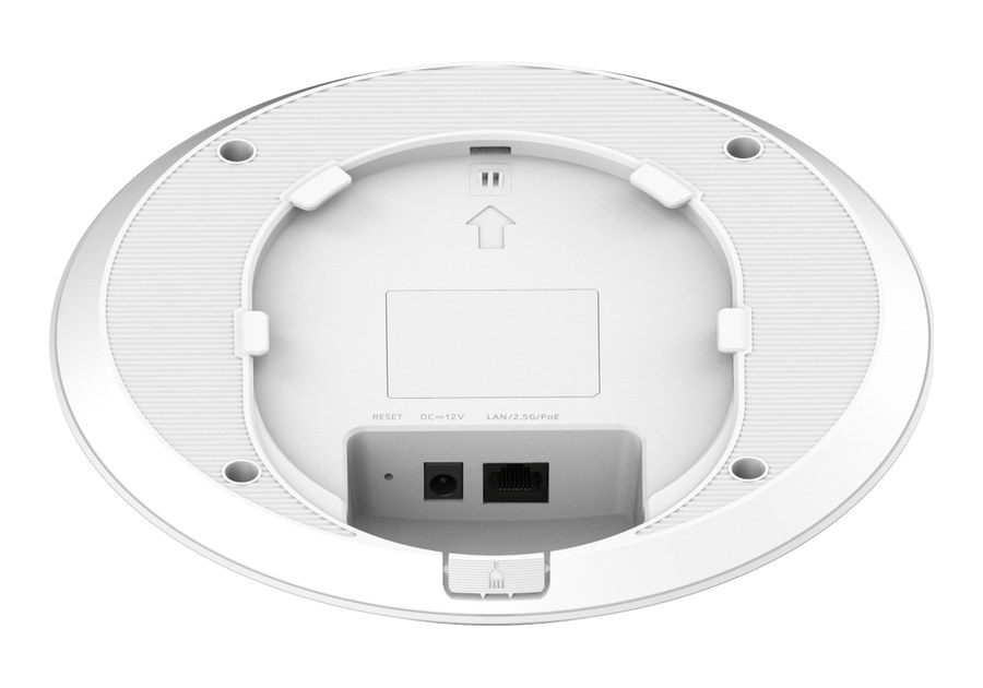 Mặt sau RG-RAP72 nhìn nghiêng; datasheet ghi 1 cổng 2,5GE và đầu nối DC 12 V