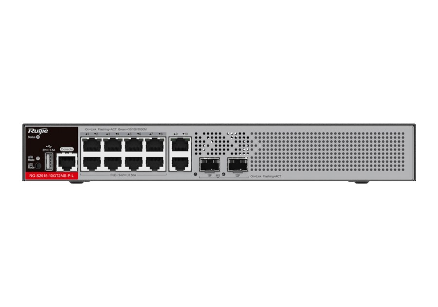 RG-S2915-10GT2MS-P-L nhìn thẳng mặt trước, 10 cổng RJ45 và 2 khe SFP